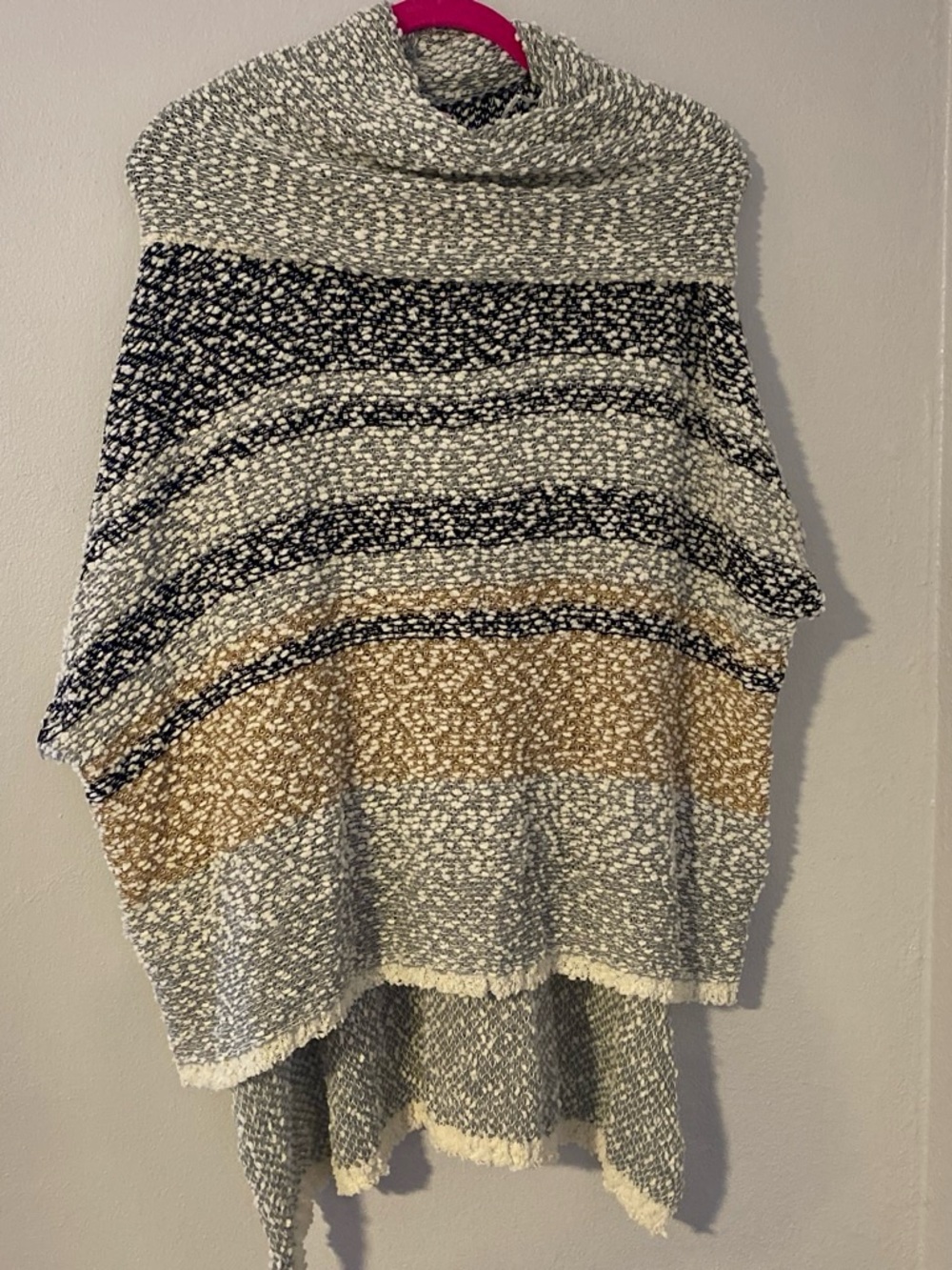 Marshalls Striped Knit Poncho in Cream, Gray & Brown